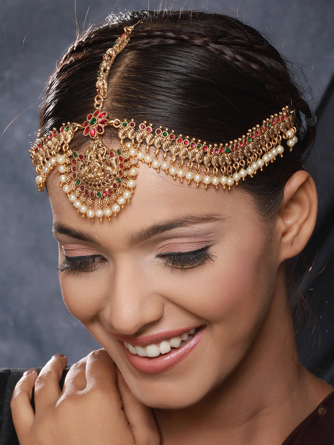 Gold Plated Kempo Studded & Pearl Beaded Bridal Antique Temple Damini Matha Patti